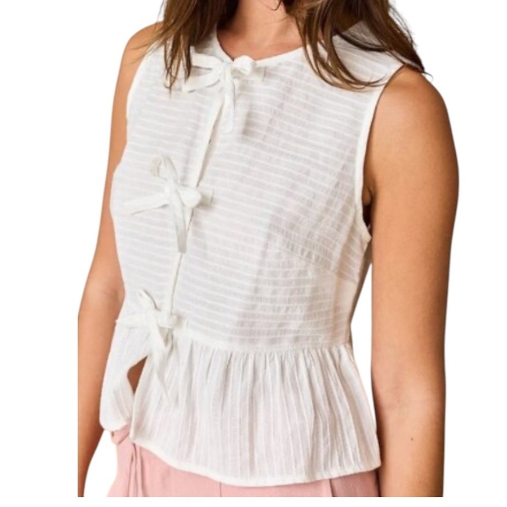 PAPER MOON Milk Maid WHITE RIVER TOP Tie Front Peplum Textured Tonal Stripes S